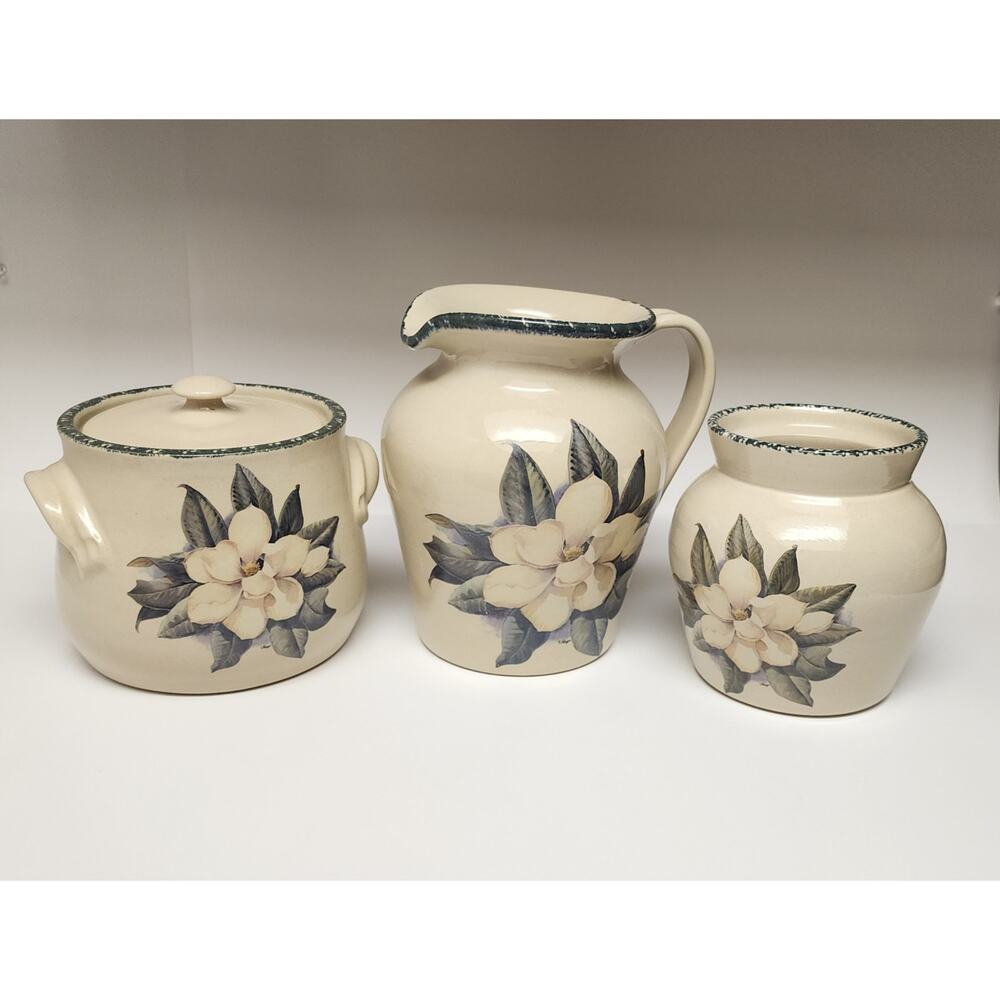 Casey 3PC  Pottery Marshall Texas Magnolia Crock W/ Lid Pitcher & Canister